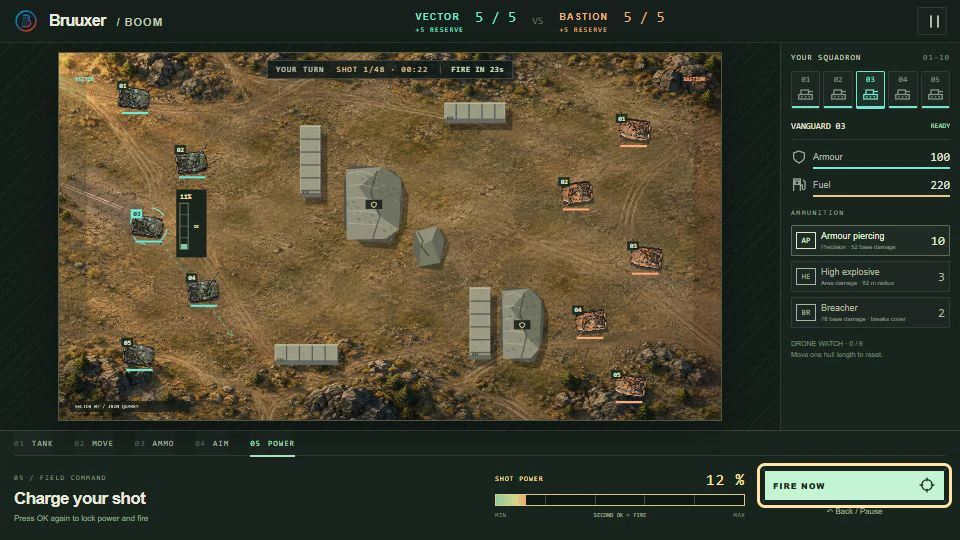 Actual Bruuxer Boom gameplay in the TV layout: overhead battlefield, tank roster, ammunition and shot power meter