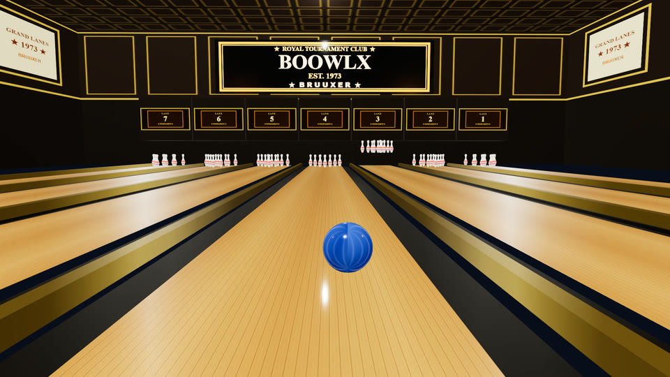 Boowlx: a blue bowling ball rolling down a polished wooden lane towards the pins in the Grand Lanes hall, gold-framed BOOWLX sign above the lanes