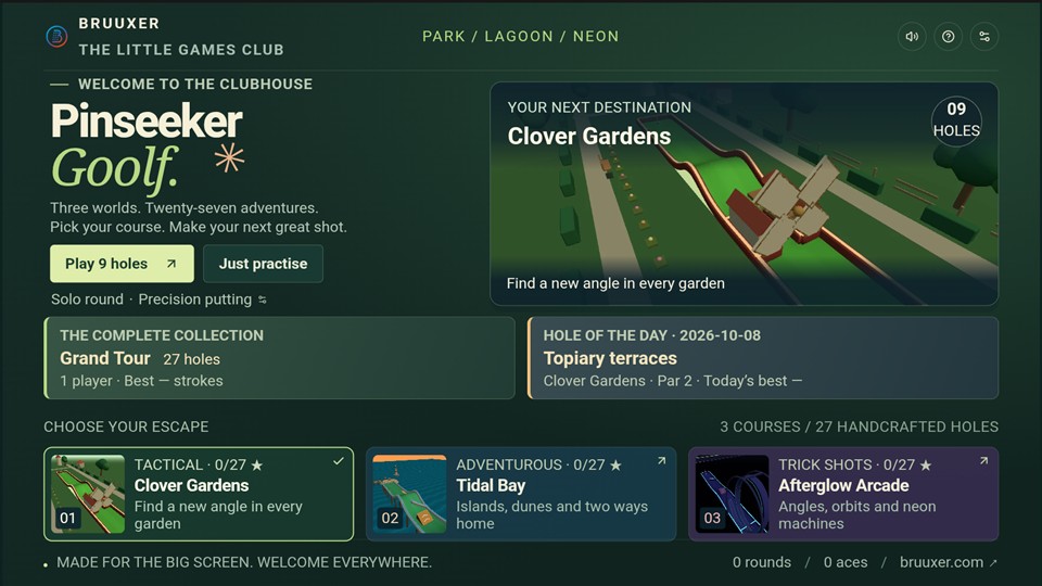 Pinseeker Goolf: 3D arcade minigolf clubhouse overview with course selection, windmill preview and TV remote controls