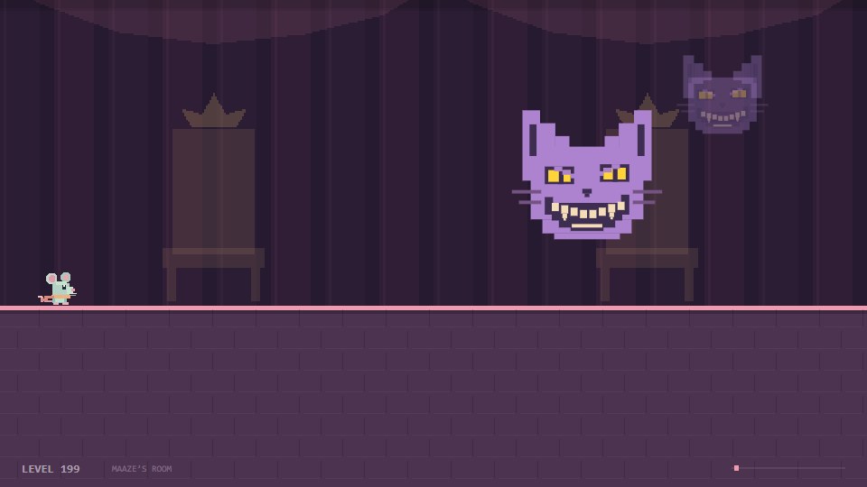 Mind Maaze gameplay: Mikoo the mouse in Maaze's room while the grinning pixel cat Maaze watches