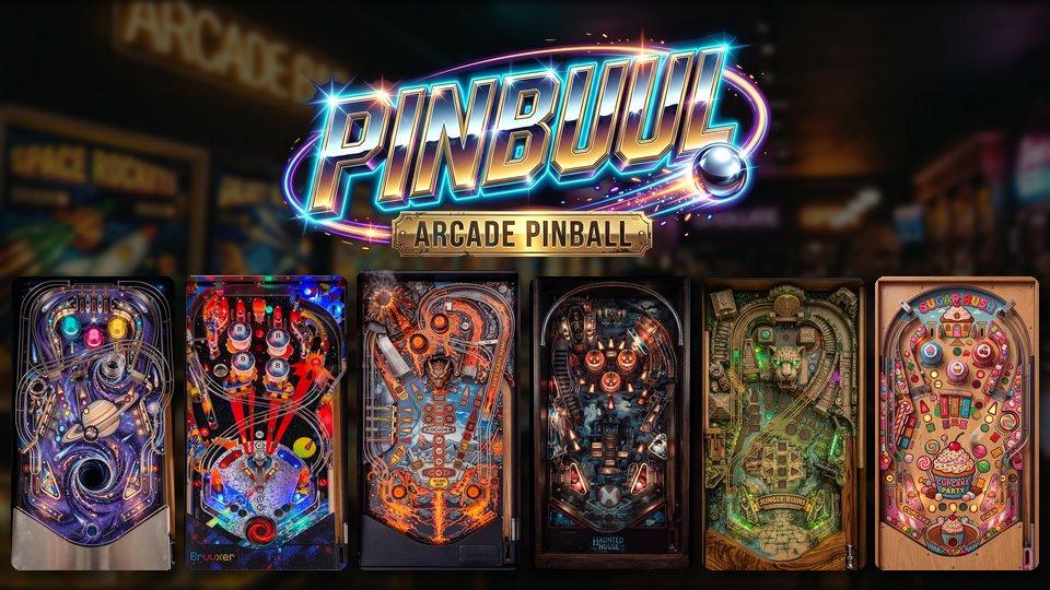 Pinbuul: the chrome Pinbuul logo above six of the photo-real pinball tables
