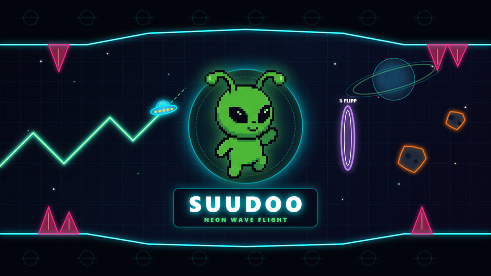 Suudoo: the green pixel alien Suudoo in the center of a glowing neon space tunnel with his saucer, 45-degree wave trail, Flipp portal and asteroids