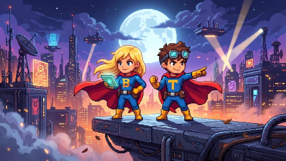 Taac Boom: heroes Boom and Taac in blue suits, red capes and yellow gloves, standing together above a moonlit neon skyline